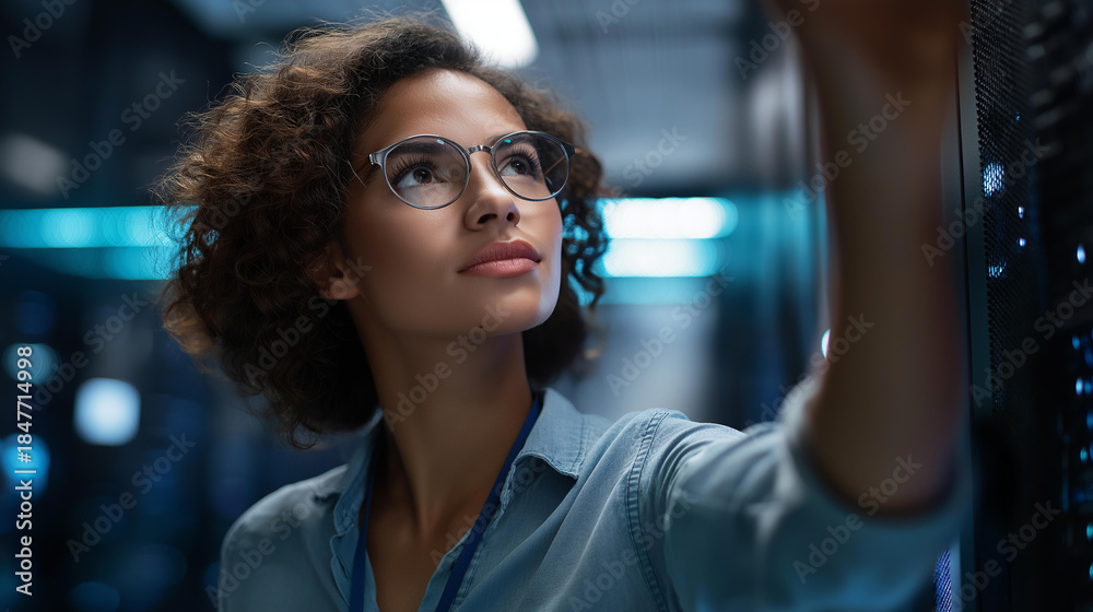 Faceless female IT specialist with servers, woman working with server ...