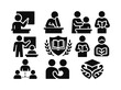 © Another - Education silhouette icon set. featuring teaching, reading, mentorship, study, and graduation symbols
