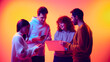 © master1305 - Business team collaborating across digital devices in neon light. Concept of shared data access, cross platform workflow, digital collaboration, mobile tools and flexible business processes.