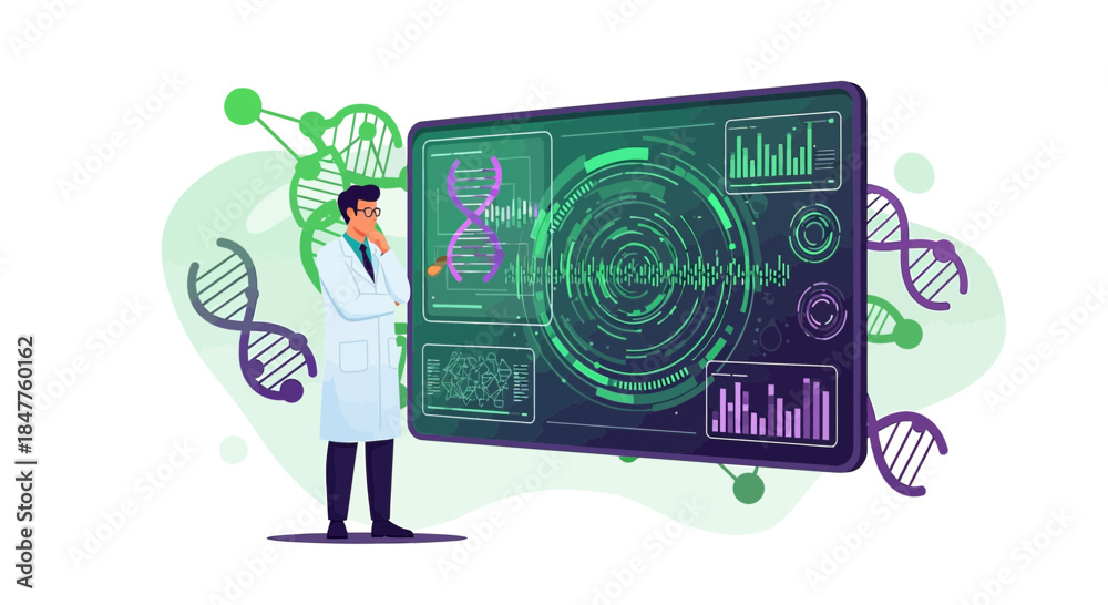 Scientist examining complex DNA data visualization interface for ...