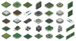 © Tharusha - Isometric Microchip and Electronic Component Set with CPU Processors and RAM