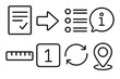 © peppastocker - Black Line Instruction Icons. General Instruction linear set: guideline sheet, pointing arrow, step list, info bubble, rule line, numbered card, direction icon, instruction marker.