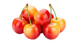 Pile of Rainier cherries isolated PNG, fresh yellow and red fruit with stems for healthy eating and summer desserts on transparent background