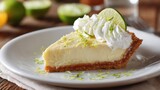 Slice of key lime pie on a white plate with whipped cream and lime zest. Classic dessert for celebrations, menu design or culinary blog.