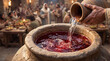 © PhotoGranary - Biblical miracle at the Wedding of Cana. Close-up of water pouring from a pitcher and transforming into red wine in a stone jar, with Jesus and guests feasting in the blurred background.
