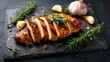 © backup_studio - Sliced cooked seasoned chicken breast on a black slate board with rosemary and garlic. Healthy meal preparation for a chef and food website.