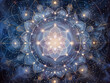 © Forest - Stunning symmetrical painting showing sacred geometry with a lotus outline and a central white sun from an aerial view. Light balls and circles flow outwards against a background of stars and space.
