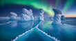 © PhotoArtHub - Icy landscape with sculpted ice formations, under aurora borealis, representing polar environment and natural phenomenon in frozen arctic conditions