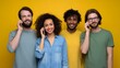 © Thares2020 - A diverse group of smiling young adults engaging in conversations on smartphones against a vibrant yellow background