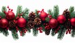 © punyapob - Photo of a horizontal christmas garland crafted from fir branches pinecones vibrant red berries and shiny red ornaments isolated on white isolated on transparent background chaplet