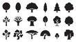 © Mr. Stocker - Diverse collection of black tree silhouettes and icons in various simple, stylized, and graphic shapes representing different types of forest, park, and garden plants