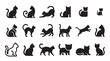 © Mr. Stocker - Black cat silhouette vector icon collection featuring many different feline poses such as sitting, stretching, playing, jumping, and walking in a clean, modern graphic design set