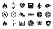 © Mr. Stocker - Set of black health and fitness icons for tracking wellness, including symbols for calories, heart rate, weight, exercise, nutrition, and progress in a simple flat glyph style