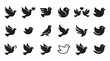© Mr. Stocker - Collection of black bird icons shows various stylized doves and pigeons flying, standing, and in pairs with hearts, representing concepts of love, peace, and freedom in a minimalist graphic style