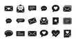 © Mr. Stocker - Set of black communication glyph icons for messages, mail, chat, and love letters, featuring envelopes, speech bubbles, and hearts in a minimalist flat design style