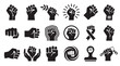 © Mr. Stocker - Collection of black raised fist icons representing protest, solidarity, and power in various graphic styles, including breaking chains, holding an olive branch, and with ribbons