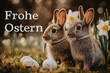 © sam richter - Two fluffy rabbits sit among blossoms beside decorated eggs with Frohe Ostern.