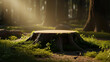 © MuhammadAhmad - Tree stump platform in forest with sunlight filtering through trees, natural wooden display base in woodland setting for product showcase or branding