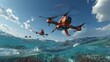 © Galih - Three vibrant drones hover over a coral reef, ocean scene, clear sky