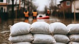 Sandbags line a flooded street as rescue workers navigate through rising waters in a boat, highlighting emergency response efforts during a flood.