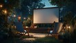 © Johannes - a cozy outdoor cinema setup in a backyard garden at dusk with a blank projector screen deck chairs and popcorn a romantic concept for a summer movie night home entertainment or a date