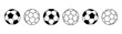 © laurence - Set of six black and white vector soccer ball icons arranged in a row, featuring both classic filled designs and simple line art outlines, isolated on a white background for sports logos