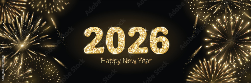 2026 gold glitter numbers with fireworks frame on black background ...