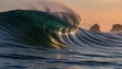 © Juri_Tichonow - Powerful turquoise ocean wave curling and crashing during golden hour with silhouettes of rocky islands visible in distance