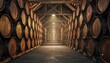 © David - Wooden oak barrels for aging spirits are stacked in a long, atmospheric distillery cellar with warm lights and floating dust particles creating a vintage mood