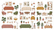 © Sophia - Large collection of hand-drawn furniture and home decor items including sofas, chairs, plants, and lamps in a cozy mid-century modern style with a warm, earthy color palette