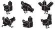 © Riki - Set of six stylized black chicken icons in different poses, presented on a white background.