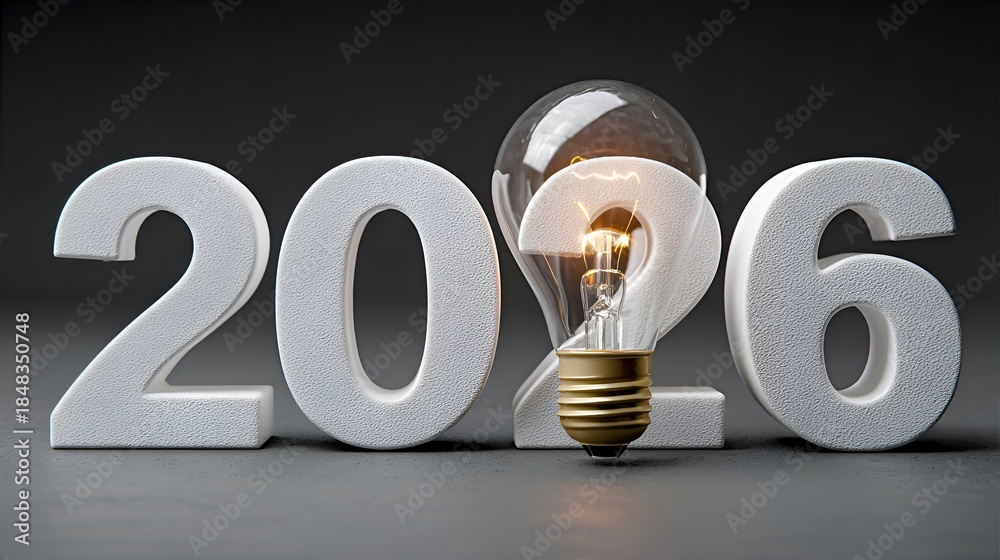 The year 2026 is represented by a light bulb replacing a number ...