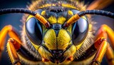 Extreme macro portrait of wasp head and yellow compound eyes