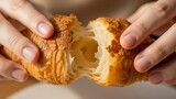 Close up of hands breaking a golden brown croissant revealing flaky layers.