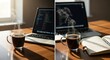 © adnan - Steaming hot coffee next to a laptop displaying code sits ready for morning productivity and remote.