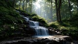 A serene forest waterfall cascades over mossy rocks bathed in gentle morning sunlight