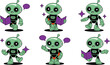 © Arti - Cute robot character set with green cyborg mascot reading books and waving in various poses for educational technology startup branding and artificial intelligence learning software illustrations