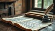 © xiaolei - instance. Medieval parchment manuscript on wooden table with feather quill and inkwell, soft window light. event programs, museum guides, designed for cultural heritage projects and event programs.