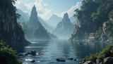 Serene lake surrounded by rocky cliffs and lush greenery with distant mountains under a blue sky water
