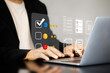 © okawa - Satisfaction survey, service experience on online application, Customer give rating to service on application. questionnaire for experience or customer satisfaction research. Five star show on hand.
