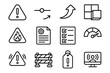 © Fortune228 - Risk Analysis Symbols. Risk Analysis Set linear set: warning sign, risk level slider, event likelihood arrow, impact rating blocks, hazard icon, control measure sheet, review