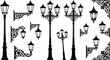 © MdAnisur - Vintage street lamp silhouettes collection, ornate classic lantern streetlight vector set, decorative retro outdoor lighting elements isolated white