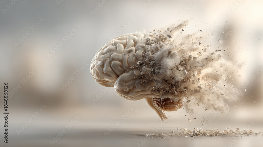 Human brain disintegrating into dust, symbolizing mental degradation ...