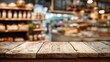 © Dao - Wooden board empty table background. abstract blurred bakery shop background