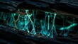 © Turab - Close up photo depicts striking bioluminescent slime mold showcasing vibrant blue green hues on decaying wood in a dark forest environment illuminated by its own mystical glow