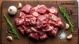 Raw meat chunks with herbs and spices on wooden cutting board