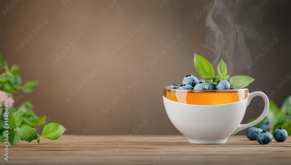 Warm blueberry tea in a cozy cup, steaming gently, with fresh blueberries and leaves, on a rustic wooden table