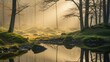 © Vooglo.com - Misty forest with trees and a serene pond reflecting the beauty of nature