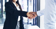 © Norman Leslie/peopleimages.com - Interview, deal or people in office with handshake, introduction or success in onboarding process. Meeting, hiring or recruiter in agency with shaking hand, candidate or offer for career opportunity