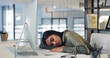 © peopleimages.com - Tired, woman and sleeping at computer in office for editing burnout, article fatigue or low energy. Tech, journalist and exhausted at publishing agency for journalism workload, overworked and resting